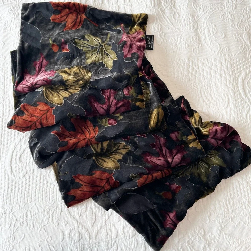 Vintage 90s Cejon Silk Blend Burnout Velvet Scarf Autumn Leaf Maroon Charcoal